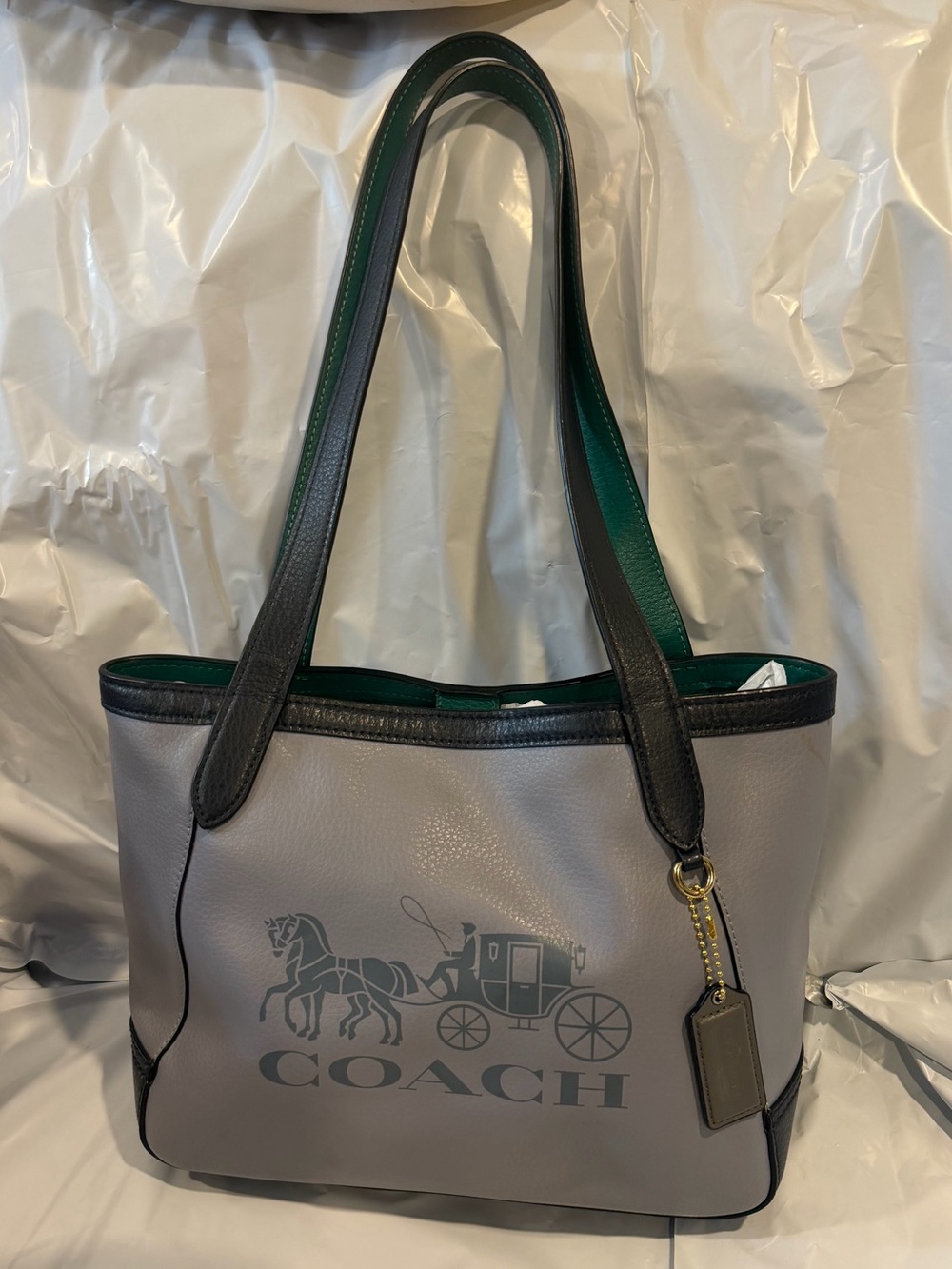 Coach City Tote Blue/Gray Navy Green Leather Tote Bag Horse & Carriage